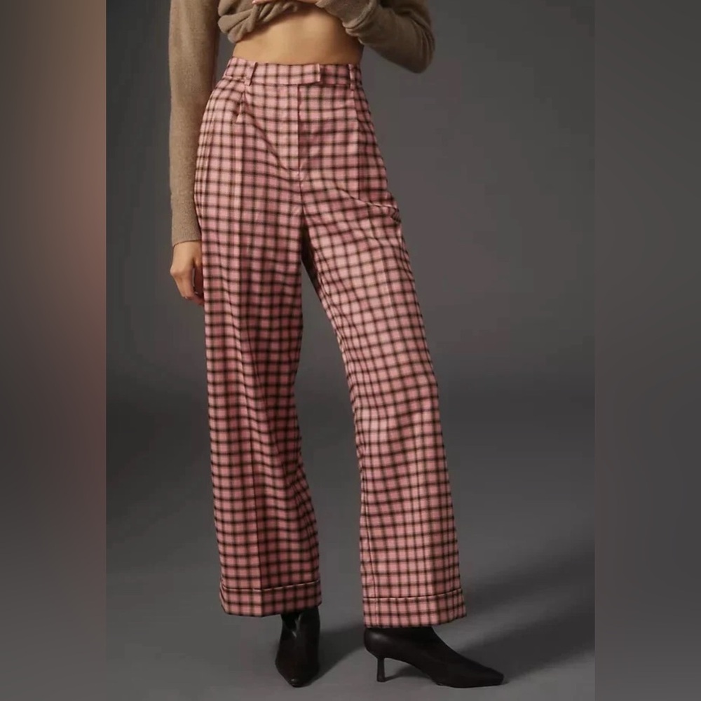 NWT Anthropologie FRNCH Palmer Pink Plaid Wide Leg Trousers XS - Picture 1 of 7